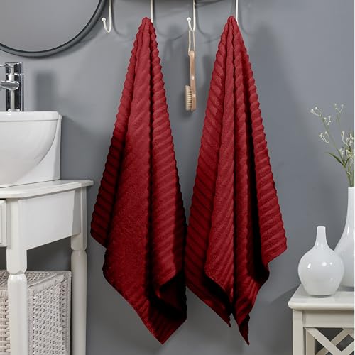 Image of Elegant Comfort 100% Turkish Cotton Corduroy Ribbed Luxury Soft 2 Pack Bath Towels 27 x 54 Inch - Ultra Plush, Absorbent, Quick Dry, Hotel Spa Quality Towels for Bathroom Essentials, Burgundy