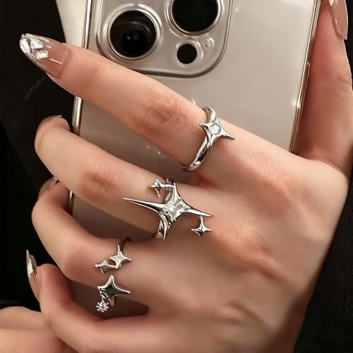 Y2k Silver Star Rings for Women Men Cool Rhinestone Stacking Rings Personalized Chunky Open Knuckle Ring Set Funky Star Jewelry Accessories Gifts3