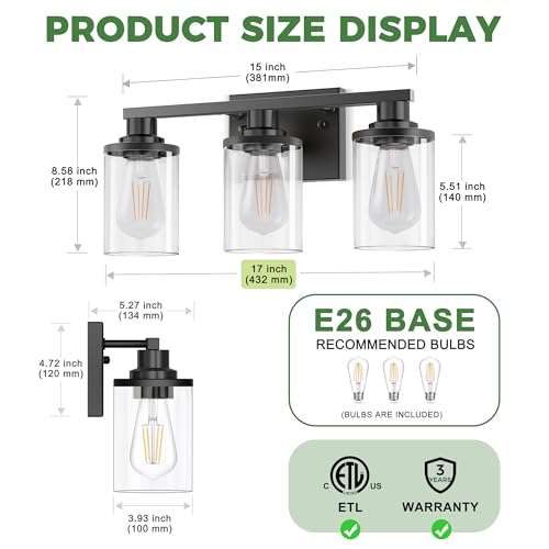Image of DORESshop 17 Inch 3-Light Black Bathroom Vanity Light with 3 Bulbs