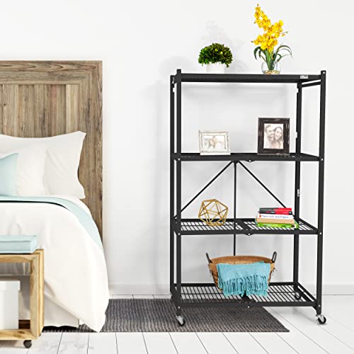 Image of Origami R5 4-Shelf Heavy-Duty Folding Storage Rack, Black - Large Foldable Metal Shelving Unit with Wheels for Garage, Pantry, Basement, Laundry Room or Warehouse