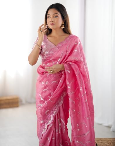 Image of SIRIL Women's Tissue Silk Sequence Embroidery Saree With Unstitched Blouse Piece
