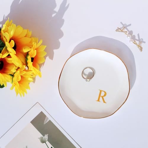 Image of Ceramic Jewelry Tray Initial Ring Dish Personalized R-Monogrammed Engagement Wedding Gifts, for Birthday Mother's Day Christmas for Women, Ceramic White 4.75 inch (R)