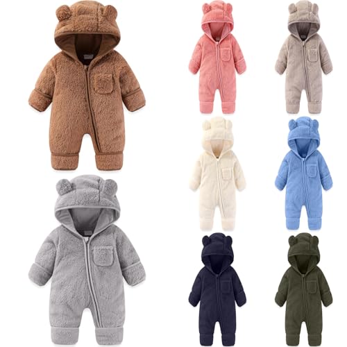 Image of Newborn Baby Snowsuit Bear Onesie Fold-Over Mittens Footies Fleece jumpsuit Winter Hooded Romper Clothes for Infant Girls Boys Baby Bear Costume Warm Winter Suit One-piece Cute Outfits