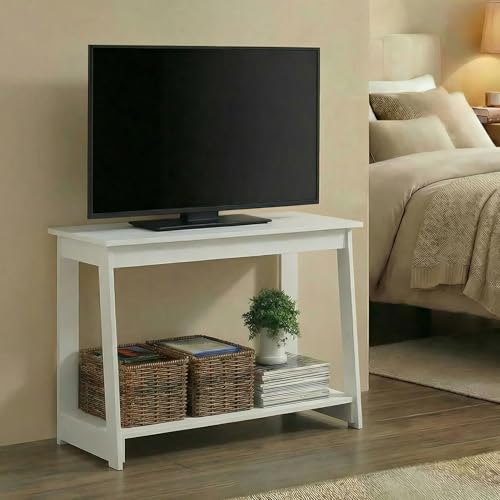 Image of Furinno Beginning TV Stand, 2-Tier Rectangular Entertainment Center with Shelf, TV Console for TV up to 36 Inch, Open Back, for Living Room, Bedroom, White