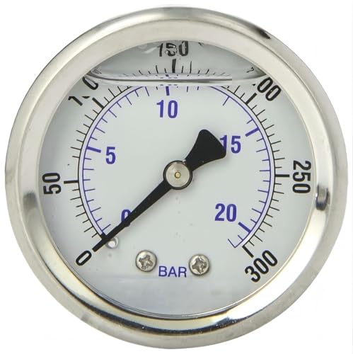 1/8" NPT Back Mount Liquid Filled Pressure Gauge with 1.5" Dial - 0-300 PSI - for Commercial or Industrial Hydraulic & Pneumatic Systems - Compressor Gauge Replacement