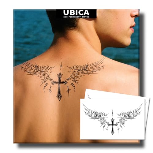 UBICA Semi Permanent Tattoo for Men, 2 Sheets Realistic Large Cross Angel Wing Tattoos, Lasts 2 Weeks, Waterproof and Non-Reflective Temporary Fake Tattoos for Back Chest, for Party Gifting