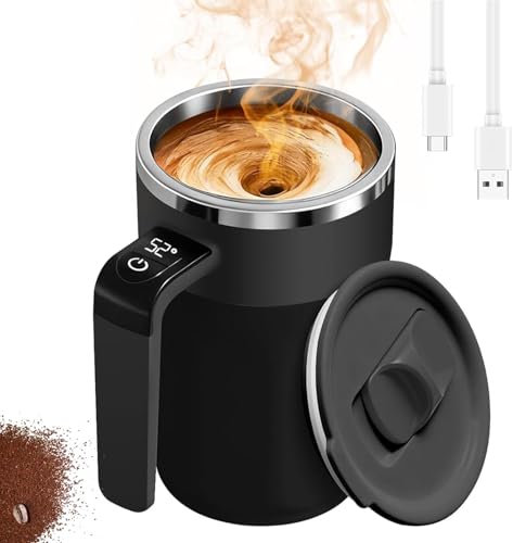 Rechargeable Self-Stirring Coffee Mug with Temperature Display, 13.5oz 316 Stainless Steel Auto Stir Cup, Leakproof Insulated Mug for Coffee/Milk/Protein Shakes, Home Office Travel (Black)