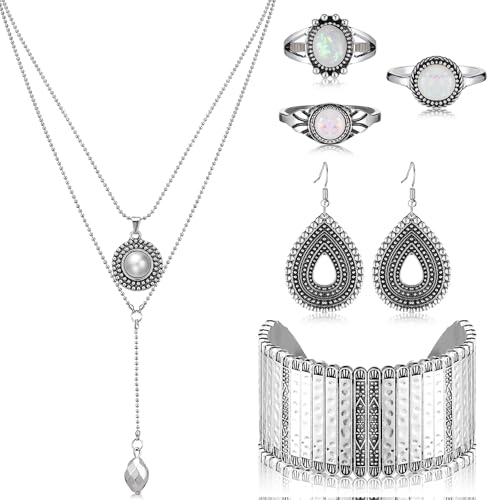 Image of Ecally Bohemian Western Jewelry Turquoise Set Women Country Pendant Long Choker Layered Bracelets Earrings Ring for Women