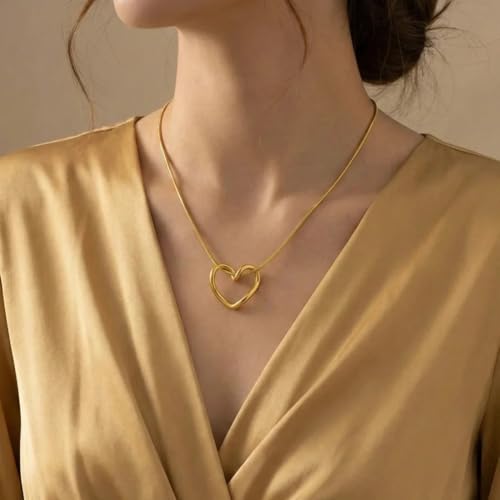Image of 18K Gold Plated Heart Pendant Chain Necklace for Women & Girls | Anti Tarnish Stainless Steel Minimal Love Locket Stylish Everyday Wear Jewellery Valentine, Anniversary Birthday G