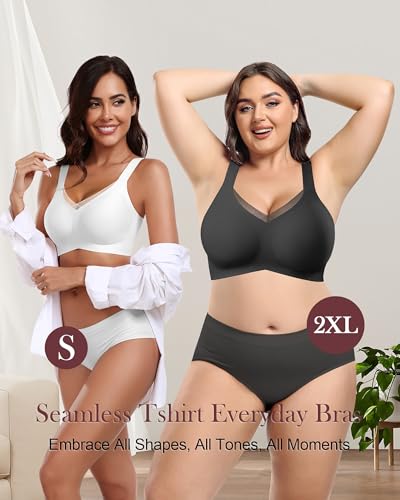 Image of HORISUN Seamless Mesh Lace Bras for Women No Underwire Wireless Bras with Support and Lift Full Coverage Deep V Bralettes