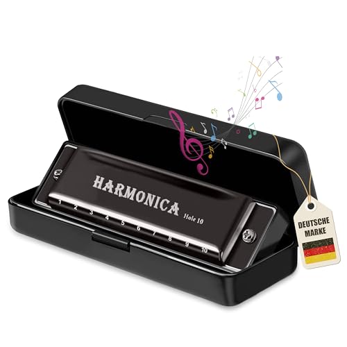 Instinktive-Oase® Chromatische Mundharmonika 10-Loch Blues Harp Silber | 10 Töne Kompakt aus Kunststoff-Harz & Edelmetall inkl. Etui | Harmonika tragbar & universal, ideal für Anfänger