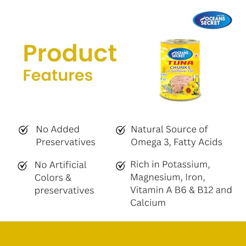 Image of Ocean Secrets | Canned Tuna Fish | Balanced Nutrition | Heart Healthy | Tuna in Sunflower Oil | Premium Cuts Ready to Eat | 400gm | Pack of 4