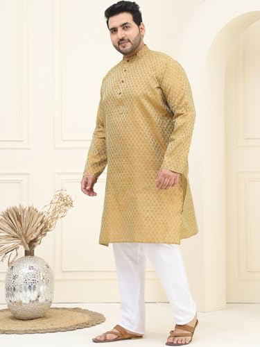 Image of SOJANYA PLUS (Since 1958) Men's Jacquard Silk Self design Kurta & Off-White Pyjama Set