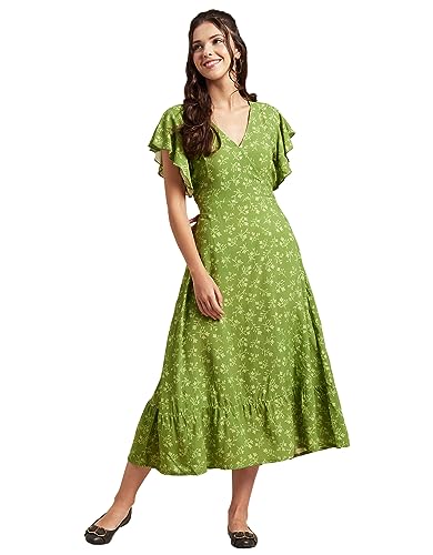 Image of Moomaya Women's Printed Dress, V-Neck, Short Sleeves, Ruffled Midi Summer Dress