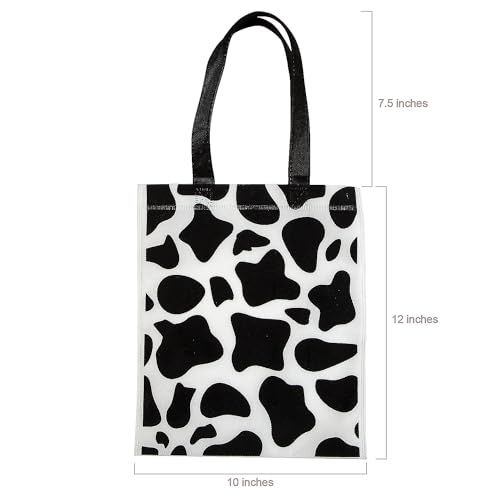 Fun Express Medium Cow Print Nonwoven Tote Bags - 10" x 12" Stylish & Durable Lightweight Eco-Friendly - Ideal for Shopping Travel Grocery Storage Fashionable Black/White Design - 12 Pieces2