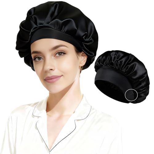 Silk Bonnet Double Layer Sleeping Bonnet with Adjustable Elastic Band and Silk Lined for Women Men Hair Protection Cap for Curly Long Hair Braids Curly Hair (Black)