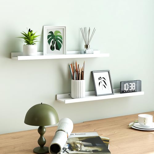 Image of White Floating Shelves for Wall Decor, 32 in Shelf with Lip Set of 2 | 4.5 inch Deep Display Picture Ledge Shelf, Long Wall Mounted Storage Shelves for Bedroom, Bathroom, Living Room, Kitchen, Nursery