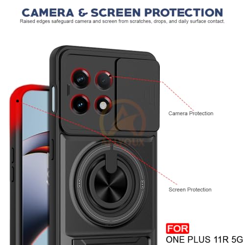 Image of Oneplus 11R 5G Back Cover | Armor Camera Slider 360 Degree Rotating Finger Ring Holder Case with Bracket Stand Back Case Cover (Compatible with MagSafe Accessories) (Black)