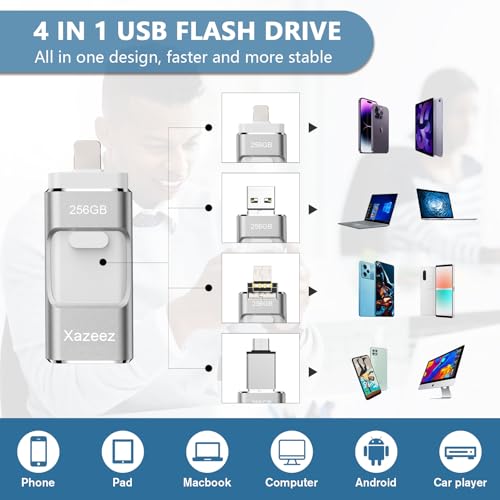 Image of 256GB Flash Drive[No App Required] Intended for Phone Tablet Androidphone and Computers, 4 in 1 Photo Stick for Phone Memory Storage Easily Backup Photos Videos（Silver）