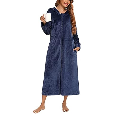 CUTIECLUB Women Hooded Long Flannel Robe Soft Gown Pyjamas Warm Fleece Nightwear PJS Plush Dressing Loungewear with Zip Navy L Cover