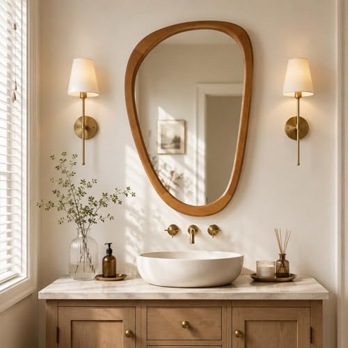 Image of Solid Wood 36x24 Warm Walnut Irregular Bathroom Vanity Wall Mirror | Warm organic tone softens Japandi bathrooms, over-sink vanities, powder rooms, dresser walls, modern organic rooms