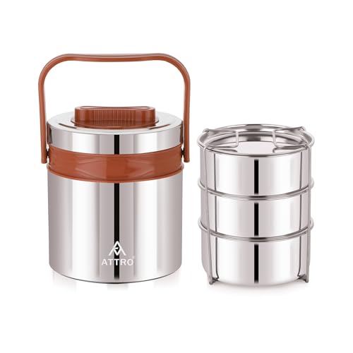 ATTRO Steel On 3 Insulated Tiffin Box, 3 Containers, Brown, 900ml - Image 2