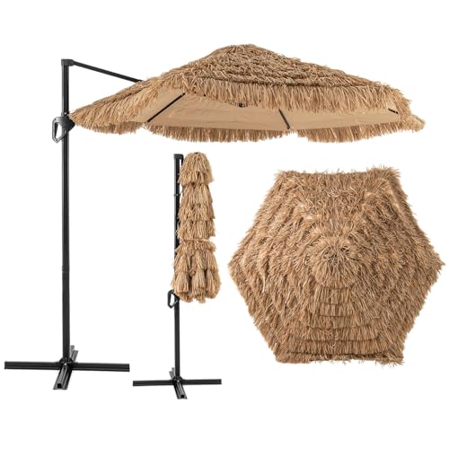 GOPLUS 283 cm Sombrilla Tiki Voladiza para Patio, Sombrilla Colgante Estilo Hawaiano con Parte Superior Ventilada, Toldo a Prueba de Sol, Parasol de Paja Resistente de Exterior para Piscina Jardín