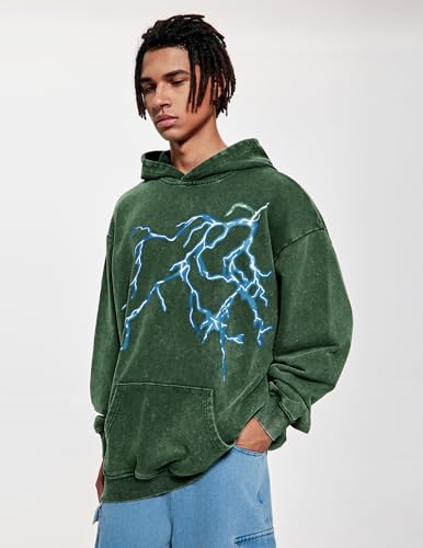 Vamtac Lightning Graphic Hoodies for Men Oversized Unisex Wash Hoodie Y2k Vintage Pullover Hooded Sweatshirt