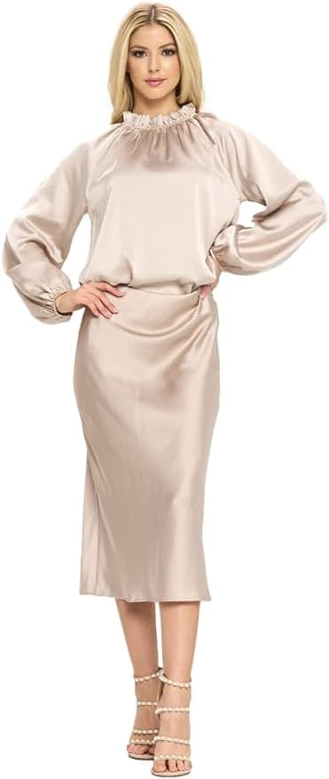 Women Solid High Waist Silky Casual Elastic Satin Midi Skirt -Made in USA (Available in Plus Size) - Image 3