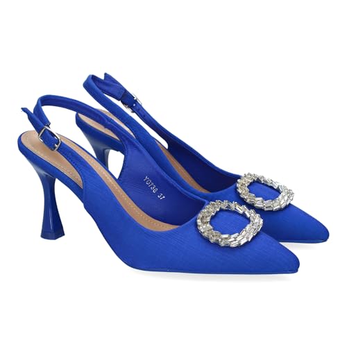 89678 Zapatos de Salon para Mujer, Elegante y Comodo, Diseno Moderno, Adorno Brillante en la Puntera y Cierre de Hebilla, Ocasiones Especiales. Azul Talla 36