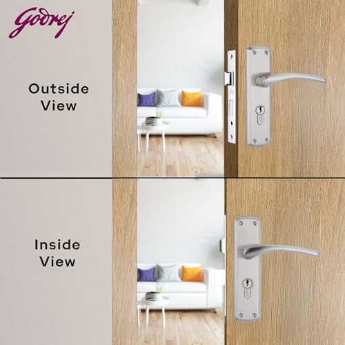 Image of Godrej Mortise Lock | BM 01 Handle Lock Set | 200mm Lockbody | Europrofile Cylinder 60mm Knob from Inside | for Home & Office | Satin Steel Finish | 3 Keys | Double-Throw Deadbolt | 1 Year Warranty