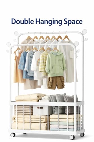Image of Raawan Heavy Duty Double Rod Clothes Rack with Side Storage Shelves | Metal Garment Stand Organizer | Space Saving Cloth Hanger Stand for Bedroom, Living Room & PG (2 LAYER + BOX WHITE)
