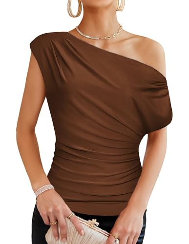 Image of GRACE KARIN One Shoulder Summer Tops for Women Ruched Batwing Asymmetrical Tops Dressy Casual Party Shirts