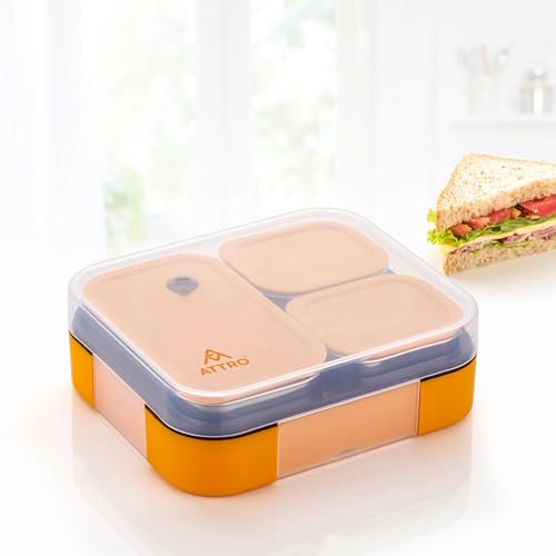 Image of ATTRO Admire 3 Compartment Stainless Steel Lunch Box BPA Free, Durable & Lightweight, Easy to Carry, Compact Design Ideal for School, Office, College & Travel-Tangy Orange- 800ml