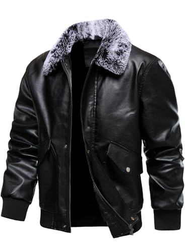 HOOD CREW Mens Faux Leather Flight Bomber Jacket with Fur Collar Winter Warm Fleece Lined Jackets3