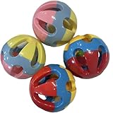 Pet Rattle Balls 4 Pack for Dogs, Pigs, Rabbits, or Other Small Pets - Interactive Chew Toy for Fetch or Treat Dispensing (Red Blue Yellow & Pink Blue Yellow)