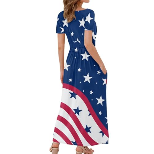 Image of Women's Fall Summer Short Sleeve Ankle Length V-Neck Party Dress with Pockets Size S-3XL
