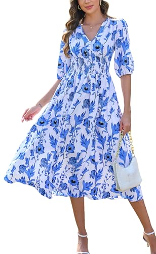 Image of Kormei Women Casual Boho V Neck 3 /4 Sleeve Smocked Waist A Line Flowy Swing Midi Dress Smocked Long Dress