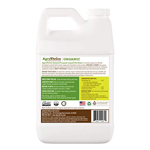 Image of AgroThrive All Purpose Organic Liquid Fertilizer - 3-3-2 NPK (ATGP1064) (64 oz) for Lawns, Vegetables, Greenhouses, Herbs and Everything Else that Grows