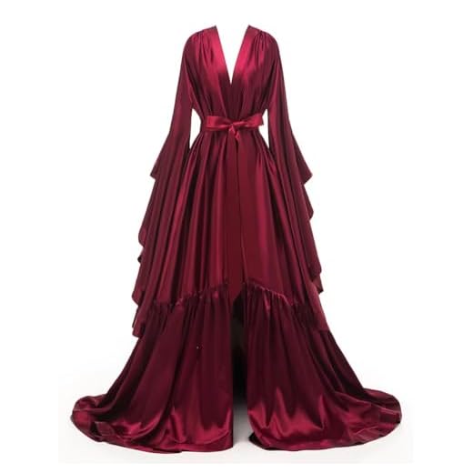 yinyyinhs Long Bridal Robes Shiny Silk Satin Bridesmaid Wedding Bachelorette Party Nightgown Bathrobe Burgundy Size S-M