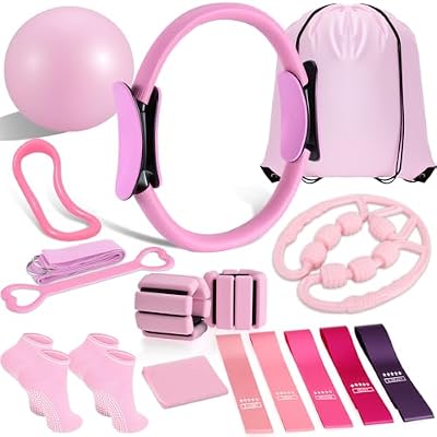 Pilates Ring and Ball Set, Home Pilates Equipment for Women with Resistance Bands, 12'' Magic Circle, 9.8'' Ball, for Strength, Toning and Flexibility, Fitness Essentials Starter Accessories (Pink)