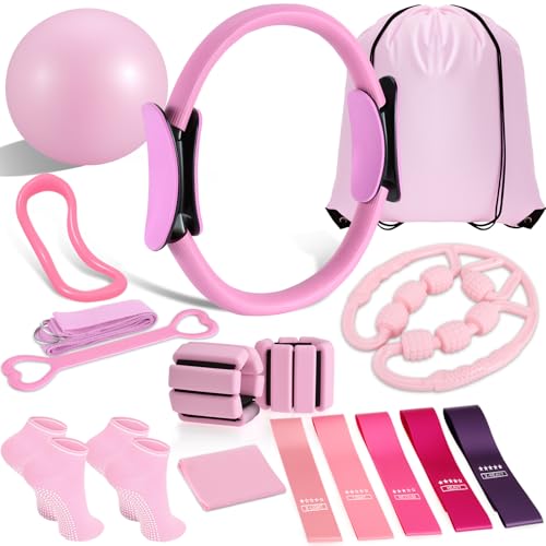 Pilates Ring and Ball Set, Home Pilates Equipment for Women with Resistance Bands, 12'' Magic Circle, 9.8'' Ball, for Strength, Toning and Flexibility, Fitness Essentials Starter Accessories (Pink) by LiKiLiKi - Used condition - US$14.77