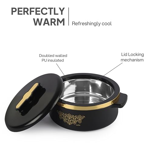 Image of CELLO Exotic 1000 Casserole Hot Pot Case for Daily Use 1000 ml, Black | Double Wall PU Insulated Serving Hot & Warm Food Hot Pot Box | Stylish Airtight Kitchen Casserole Set for Roti Rice Biryani