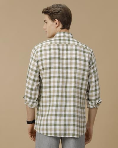 Image of Linen Club Men's Pure Linen Blue Checked Contemporary Fit Half Sleeve Casual Shirt