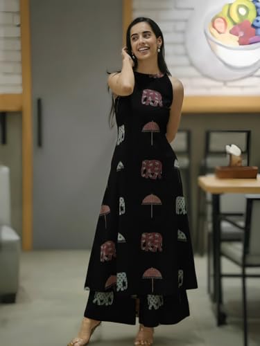 Image of GoSriKi Cotton Co Ord Set for Women | Kurta with Palazzo | Kurti for Woman | Black Printed Ethnic Outfit | Cord Style Dress | Stylish Indian Clothing Office Party Traditional Fashion Look