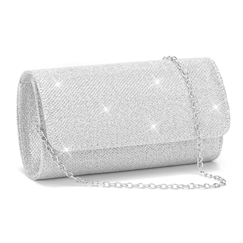 RNIEGA Bolsas clutch para mulheres, bolsa de noite com corrente destacável feminina brilhante bolsa de mão de festa de casamento, Prata