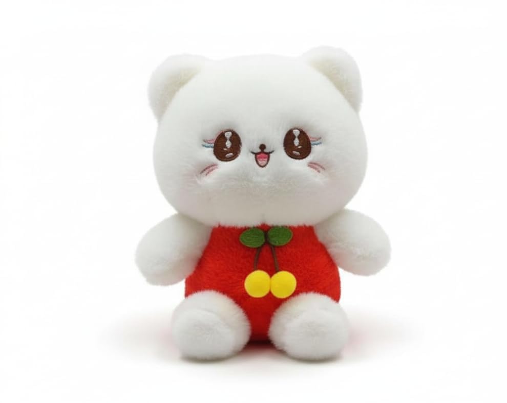 Image of Cute Teddy Bear Soft Toy for Kids - 20cm | White Plush Bear with Cherry Dress | Soft Stuffed Animal Toy for Girls & Babies