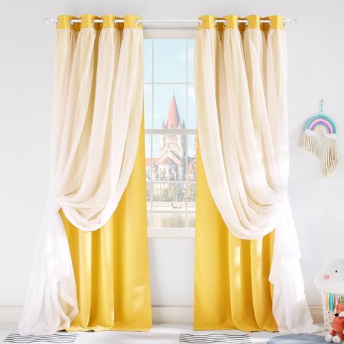 Image of PONY DANCE Blackout Curtains, 52 W by 84 L, Lemon Yellow, 2 Pieces | Curtains 84 inches Long with Sheer Overlay Nursery Panels for Bedroom /Living /Dining Room