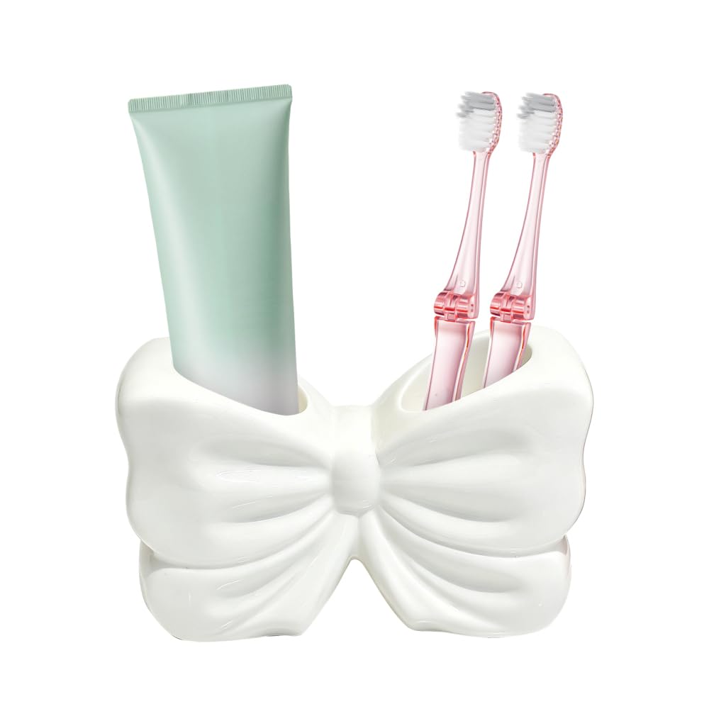 Bow Toothbrush Holder, 2-Slot Countertop Organizer Decorative Bathroom Accessory for Toothpaste & Toothbrush