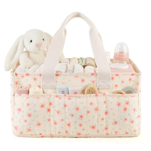 NADSSJL Wickeltisch-Organizer, Wickelkorb für die Wickelstation, Stilvoller Wickelorganizer für Babybedarf, Unverzichtbares Geschenk zur Geburt und für die Baby-Wunschliste, Kleine rote Blumen